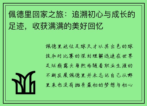 佩德里回家之旅：追溯初心与成长的足迹，收获满满的美好回忆